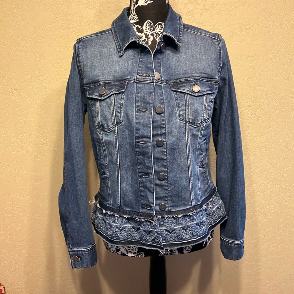 WESTERN WEAR LIVERPOOL BLUE WITH SILVER BUTTON JEAN JACKET WITH CUTWORK BOTTOM - Picture 1 of 9